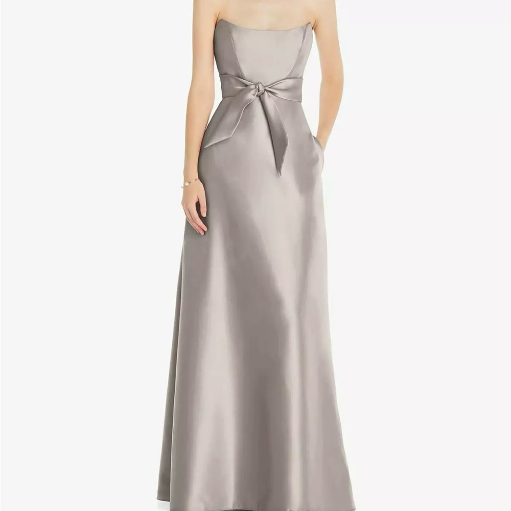 DESSY GROUP ALFRED SUNG BASQUE-NECK STRAPLESS SATIN GOWN MINI SASH TAUPE SIZE 4
